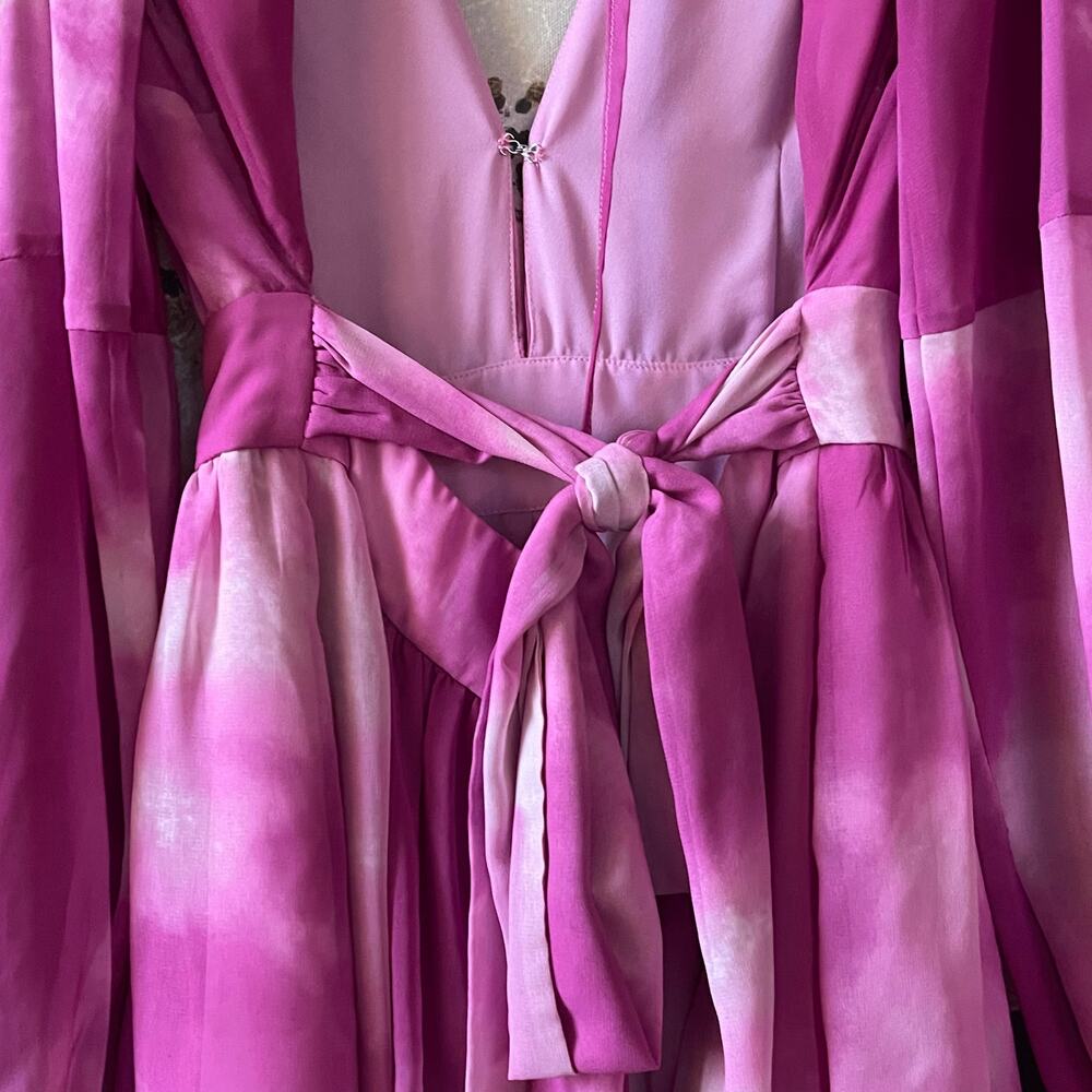 RTR TOCCIN X RTR Pink Tie Dye Romper Sz 2 Open Back Satin Long Sleeve Ruffles - Picture 11 of 12